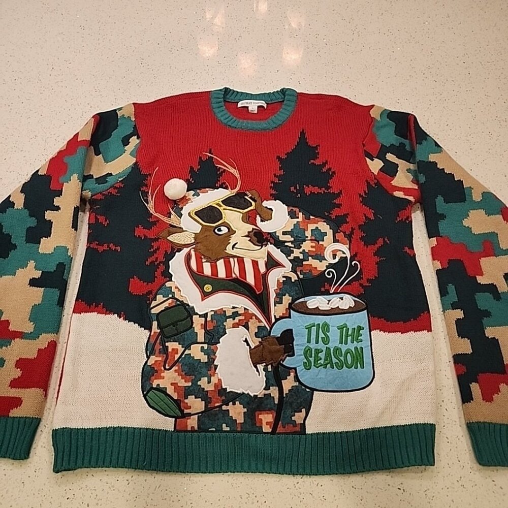 Celebrate Together Red Green Camouflage Reindeern Ugly Christmas Sweater Large